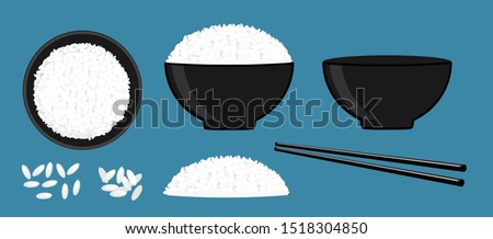 Rice in a bowl with chopstick isolated on blue background vector illustration. Set of beautiful cartoon food icons. 

