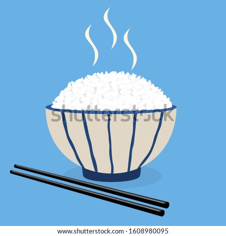 Rice in a bowl with chopsticks isolated on blue background vector illustration. cute cartoon food icon.