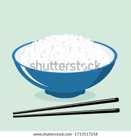 Rice bowl and chopsticks icon isolated on blue background vector illustration. Cute cartoon food for restaurant.