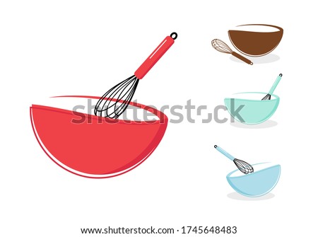 Bowl and whisk isolated on white background vector illustration. Cute sign or logo for bakery products. Cartoon style.
