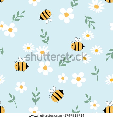 Seamless of daisy flower, cartoon bees and green leaf on a blue background vector illustration. Cute hand drawn floral pattern.