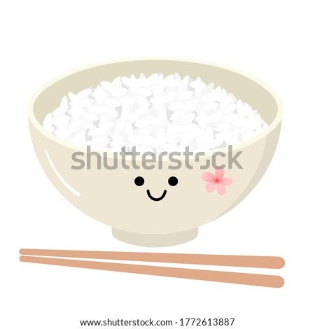 Rice bowl with chopsticks icon isolated on a white background vector. Cute cartoon food.