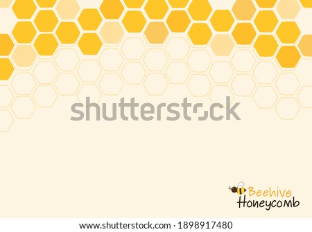 Honeycomb with hexagon grid cells , bee cartoon and lettering on yellow background vector illustration.