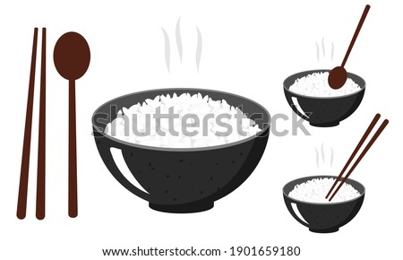 Rice bowl set with chopsticks and spoon isolated on white background vector illustration. Cute cartoon food.