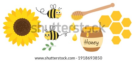 Honey icon set sunflower, bees, wooden dipper, honey pot and honeycomb isolated on white background vector illustration.