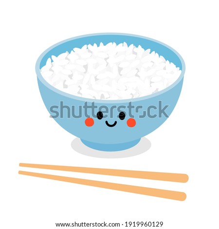 Rice bowl with chopsticks icon on white background vector illustration. Cute cartoon food, flat design.