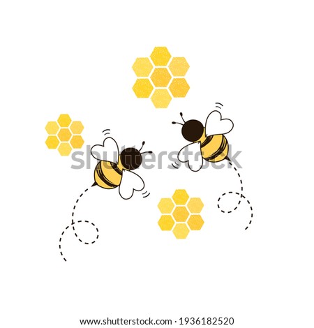 Honeycomb beehive with hexagon grid cells and bee cartoon logo on white background vector illustration.