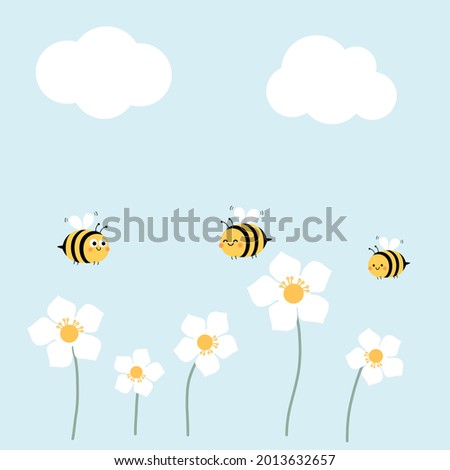 White flower garden, bee cartoons and clouds on blue sky background vector illustration.