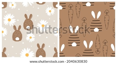 Seamless pattern with rabbit cartoon, daisies, carrots on grey and brown backgrounds vector illustration. 