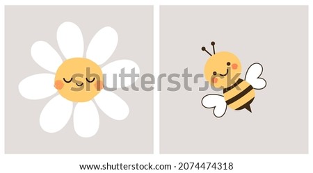 Sleeping daisy flower and bee cartoon on grey backgrounds vector illustration.