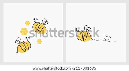 Bee cartoons, abstract honeycomb and daisy flower signs or logos  isolated on white backgrounds. One line art style vector.