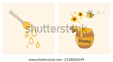 Bee cartoons, honey jar, flower, wooden honey stick and honey drops on yellow backgrounds vector illustration.