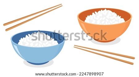 Rice bowls with chopsticks on white background. Cute food icon sign vector illustration.