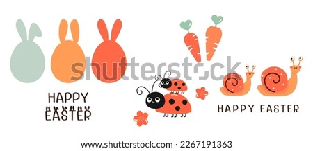 Easter eggs, lady bug, snail cartoons, carrot and hand written fonts isolated on white background vector illustration.