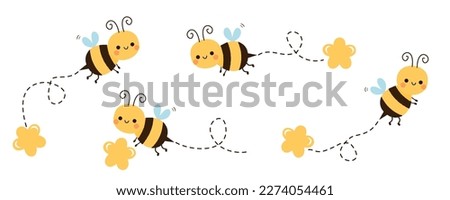 Set of flying bee cartoons with flower isolated on white background vector illustration.
