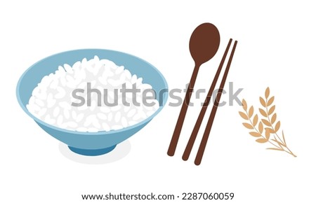Rice bowl with spoon, chopsticks and rice plant on white background vector illustration.