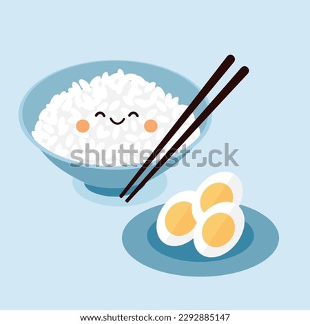 Rice bowl cartoon with chopsticks and boiled egg plate on blue background vector illustration. Cute cartoon food.