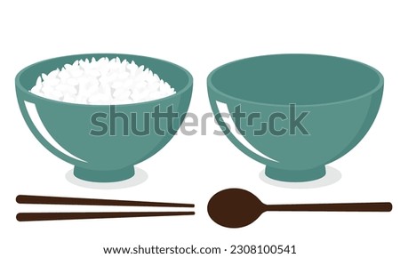 Rice bowl with chopsticks and spoon on white background vector illustration.