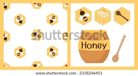 Seamless pattern with bee cartoons on white background. Honey pot, bee cartoon, cute flower and honey stick icon sign isolated on white background vector illustration.