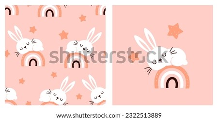 Seamless pattern with sleeping bunny rabbit cartoons, stars and rainbows on pink background vector illustration. Cute childish print.