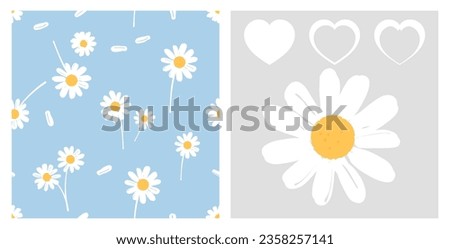 Seamless pattern with daisy flower and petals on blue background. Daisy and heart icon sign on grey background vector illustration. 