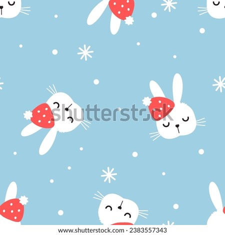 Seamless pattern with bunny rabbit cartoons, Christmas hat and snowflakes on blue background vector illustration.