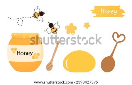 Honey icon set with honey jar, bee logo, cute flower, honey drop and spoon isolated on white background vector illustration.
