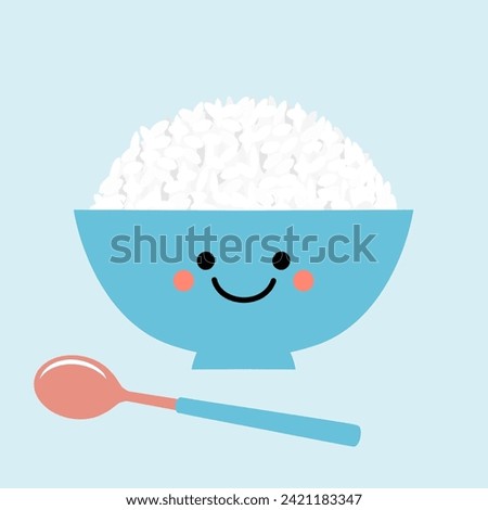 Rice bowl cartoon and spoon icon sign on blue background vector illustration. Cute cartoon food.