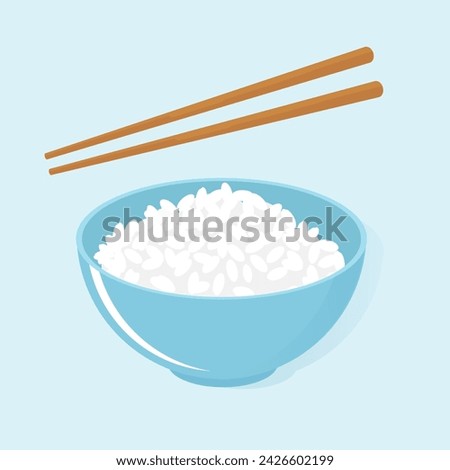 Rice bowl with wooden chopsticks on blue background vector illustration.