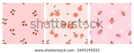 Seamless patterns with red cherry, peach fruit, strawberries, green leaves and white flower on pink backgrounds vector. Set of cute fruit prints vector.