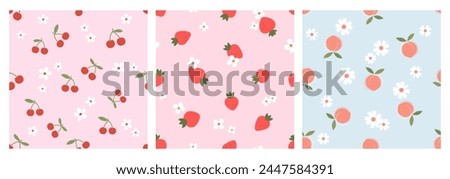 Seamless pattern with cherry, strawberry, peach and cute flower on pink and blue backgrounds vector. Cute fruit prints.