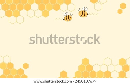 Beehive honey sign with hexagon grid cells and bee cartoons on yellow background vector.