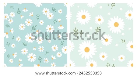 Seamless pattern with daisy flower and green leaves on green backgrounds vector. Cute floral print.