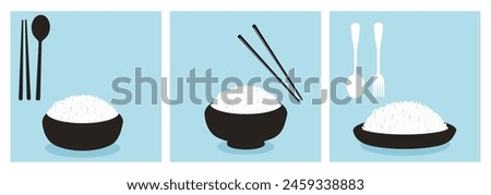 Set of rice bowls, spoons, chopsticks and fork icon sign on blue background vector.