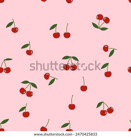 Seamless pattern with red cherry fruit with green leaves on pink background vector.