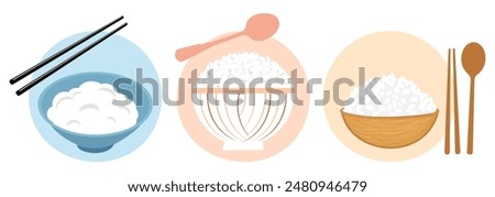Set of rice bowls, chopsticks  and  spoons vector.  