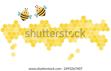 Beehive honey sign with hexagon grid cells and bee cartoons icon isolated on white background vector.