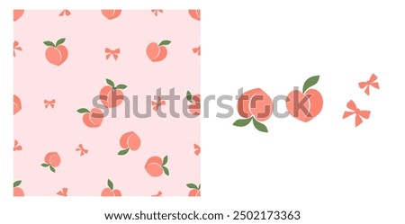 Seamless pattern of peach fruit with green leaves and ribbon bow on pink background. Peach fruit and pink ribbon bow icon set isolated on white background vector.