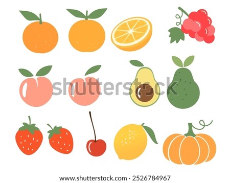 Orange, grape, peach, avocado, strawberry, cherry, lemon and pumpkin isolated on white background vector.