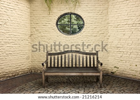 Wood Bench Against Brick Wall Stock Photo 21216214 