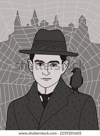 Franz Kafka German speaking writer with jackdaw (kavka, Czech) on shoulder and castle background. Funny Art. Vector