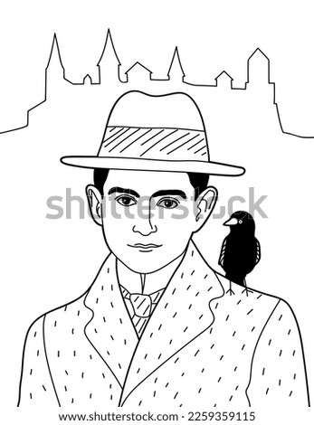 Franz Kafka German speaking writer with jackdaw (kavka, Czech) on shoulder and castle background. Funny Art. Vector.