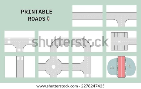 Printable Car Track Set. A4 size of pieces. Easy to fold. Vector eps10. Vintage flat style