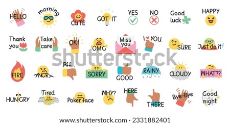 Big set of funny icon stickers. Cartoon emoji collection for website design, mobile app. Vector