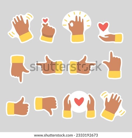 Cute hands gestures. Funny collection of stickers with hands and hearts. Hand drawn flat style