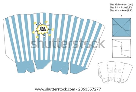 Cute popcorn box template with vertical blue and white stripes isolated on white background. Vector illustration