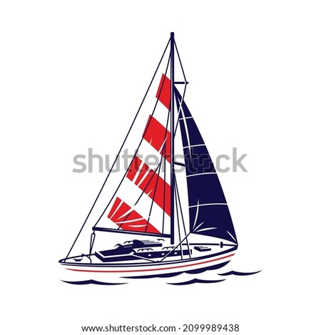 Yacht vector Illustration. Sailboat icon. Sailing club logo symbol. Boat sports water sea ocean transport. Nautical vessel drawing.