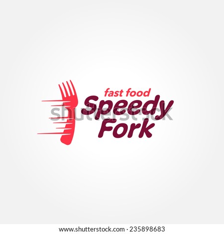 'Speedy Fork' iconic logo design template for food delivery service of fast food restaurant | vector illustration of flying reactive fork isolated on white background