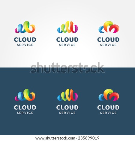 Set of colorful 3d iconic logo templates for cloud service | Collection of vector cloud icons isolated on both white and blue background