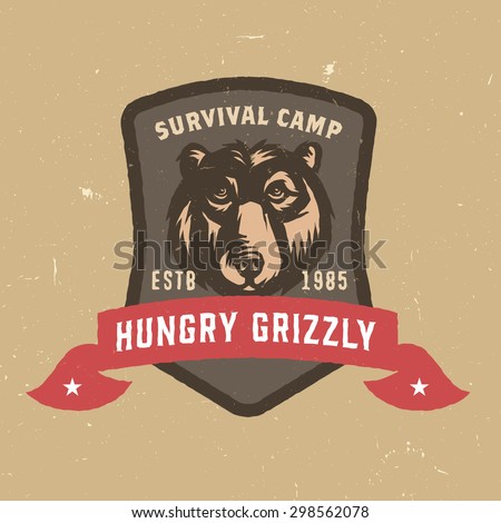 Hungry Grizzly Survival Camp Distressed T shirt Apparel print. Vintage Americana Style Tee Graphics. Vector Illustration. Travel Souvenir Idea. Retro Badge Emblem Logo Design